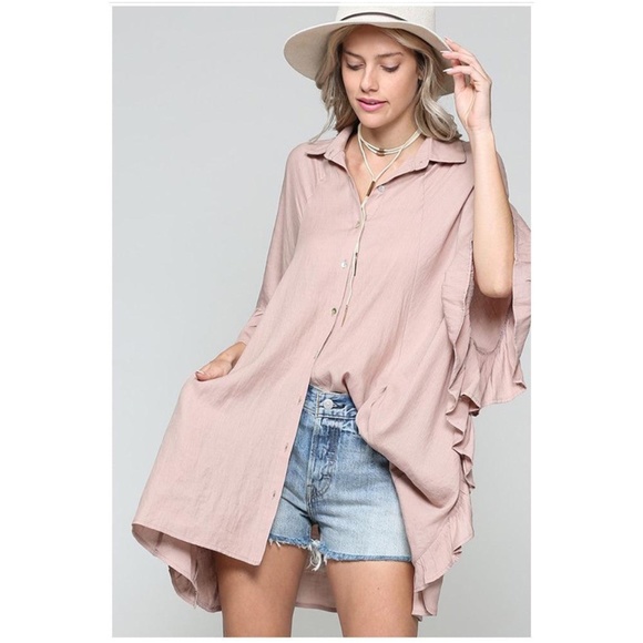 034 solid Oversized Button up Pocket Ruffle Sleeve Blouse - Picture 2 of 7